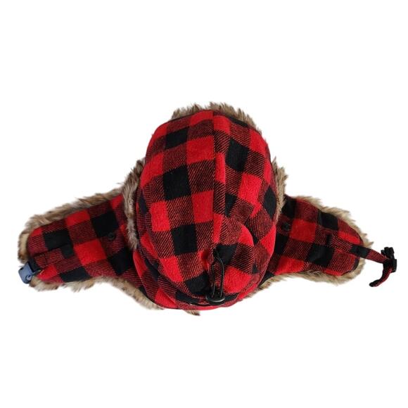 Red Black Buffalo Plaid Wool Blend Trapper Hat Faux Fur M/L - Picture 5 of 5